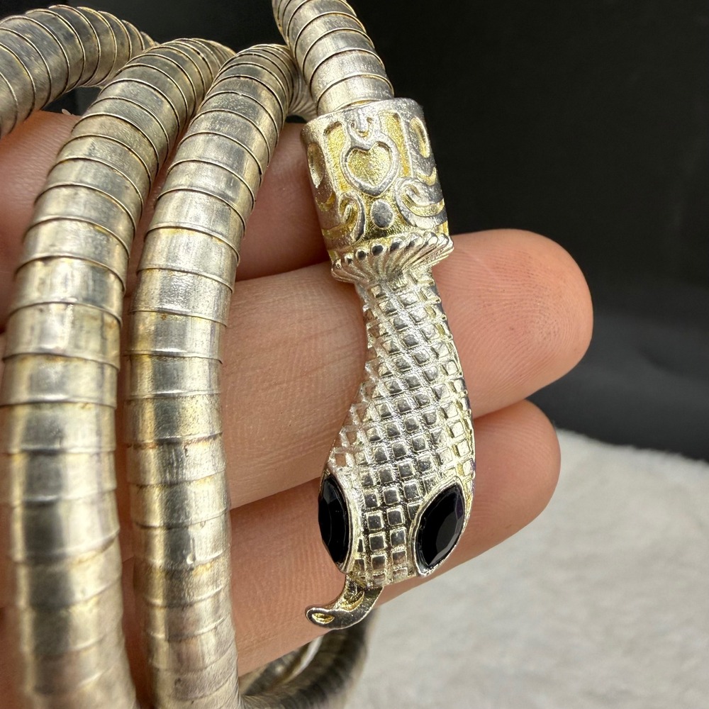 Snake Wrap Bracelet Silver Tone Black Eyes Flexible Coil Size 8 - Picture 7 of 7